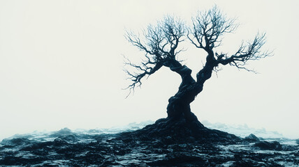 Lonely Tree in Mist: A solitary, gnarled tree stands silhouetted against a misty background, its branches reaching towards a muted sky. The image evokes a sense of isolation, mystery.