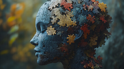 Mind Puzzle:  A surreal and thought-provoking portrait of a human head made of jigsaw puzzle...