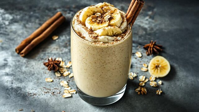 Glass of banana smoothie with cinnamon on top. The drink is topped with banana slices and cinnamon sticks