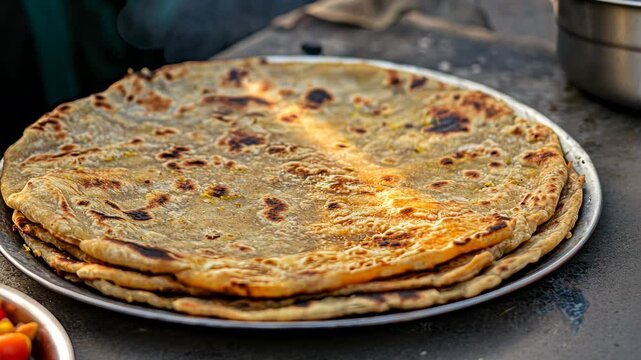 Plate of food with a large round piece of food on top. The food is brown and has a crispy texture