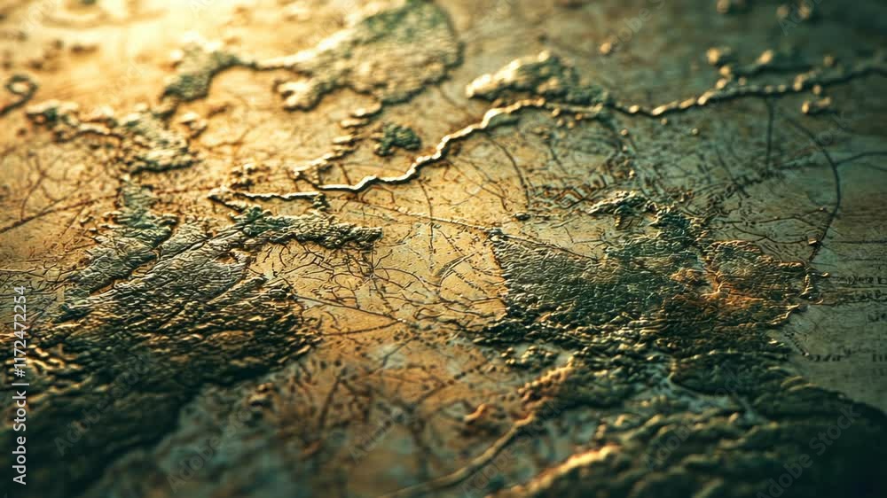 Poster map of the world is shown in a close up. the map is made of metal and has a rough texture. the color