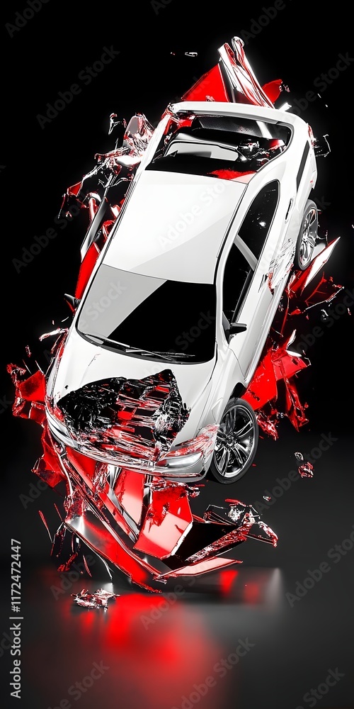 Poster a dynamic visual of a car surrounded by shattered glass, emphasizing design and impact.