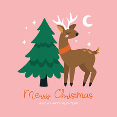 Holiday card with a deer, a Christmas tree and a congratulatory inscription.