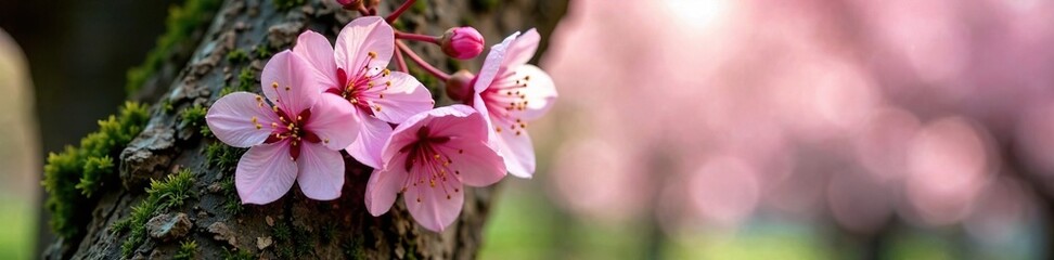 Fototapeta premium Delicate pink cherry blossoms adorn a lush green tree trunk, flowers, pink flowers