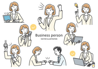 女性会社員の表情や仕草のイラストセット