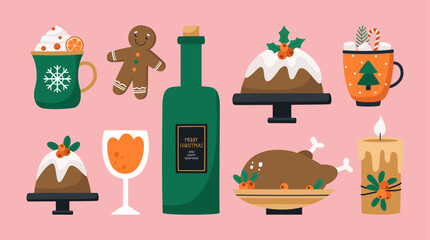 Set of traditional Christmas food on background. Pies, turkey, drinks and sweets.