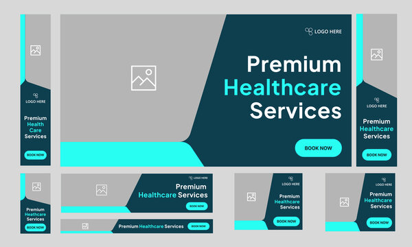 Digital healthcare services web set banner design for social media post, daily medical services web bundle banner design, fully customizable vector eps 10 file format