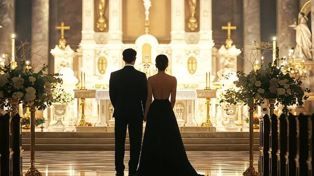 Elegant Bride and Groom at Catholic Church Altar Hand in Hand
