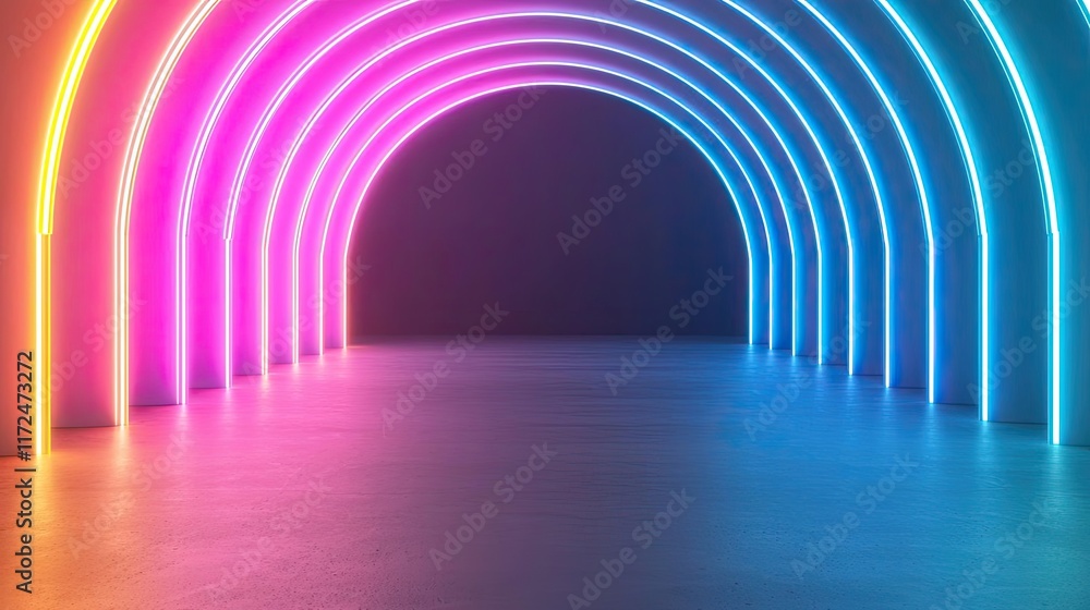 Poster neon abstract background concept. colorful neon tunnel with vibrant lights and reflections creating 