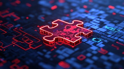 A futuristic digital puzzle interface with glowing neon patterns, emphasizing abstract thinking and logic-building, the pieces floating in mid-air, creating a visually striking