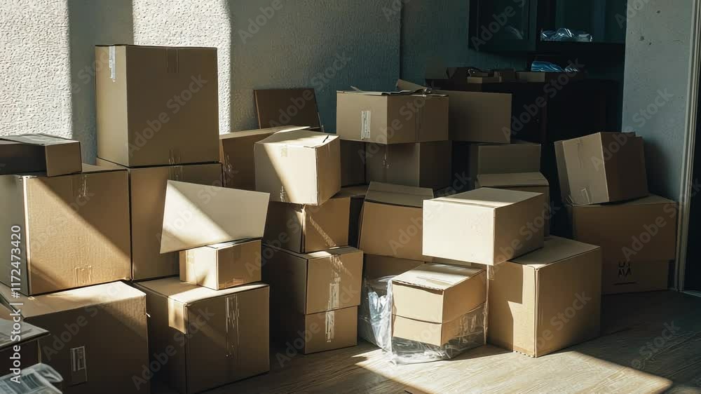 Poster room full of cardboard boxes stacked on top of each other. the boxes are of different sizes and are 