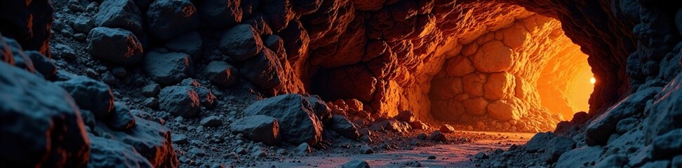 Rough-hewn stone wall illuminated from within, glow, cave, darkness