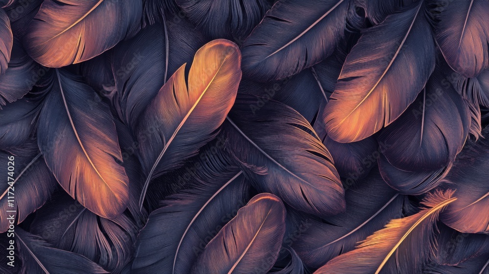 Poster close-up of dark and copper-toned feathers arranged in an overlapping pattern.