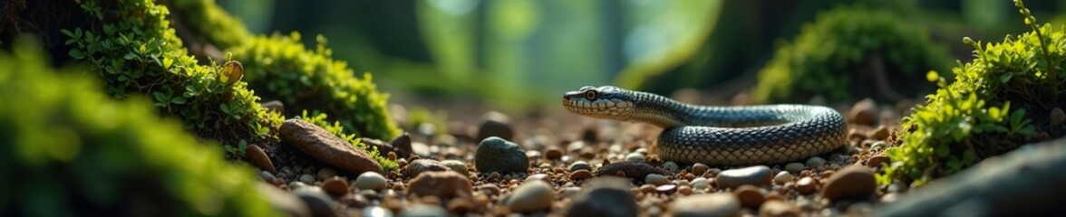 Fototapeta premium Serpent gliding across the forest floor with roots and pebbles, forest, roots, rugged