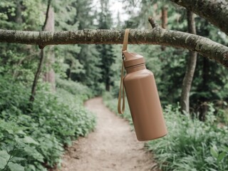 Beige Water Bottle Hanging from Branch in a Forest Trail