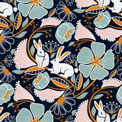 rabbit pattern silhouettes style and hand draw line