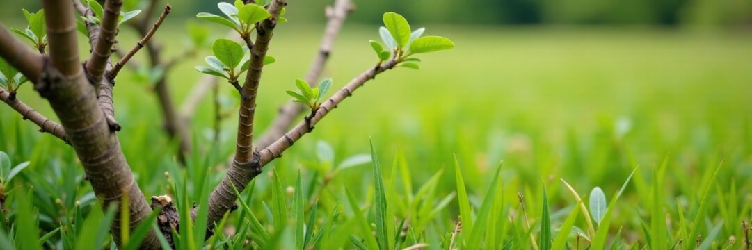 Shrub with woody stems and silver-green leaves in a grassland, bark, plant, brown