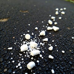 Fototapeta premium Small white ash fragments scattered on black ground, dusty floor, particle, dull