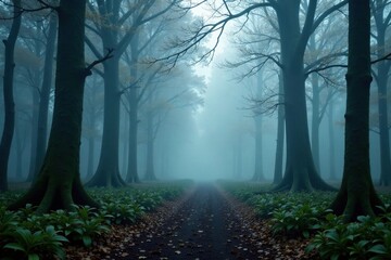 The forest floor is hidden in a thick layer of fog, fog, mysterious