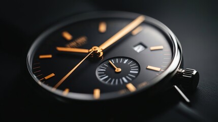Close-up View of a Black Elegant Watch with Orange Accents, Highlighting the Distinctive Dial, Hands, and Date Feature for Fashion and Timepiece Photography