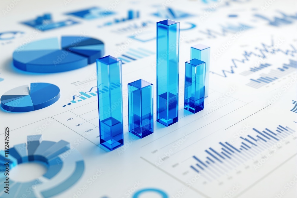 Poster transparent blue bar and pie charts, 3d style, placed on paper sheets with graphs and data, represen