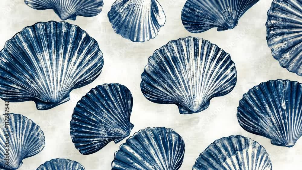 Poster blue and white pattern of seashells. the shells are arranged in a way that they look like they are f