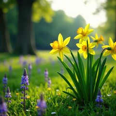 Obraz premium Yellow daffodils swaying gently in the breeze on a lush green grassy field with deep purple wildflowers, nature, wildflowers, daffodil
