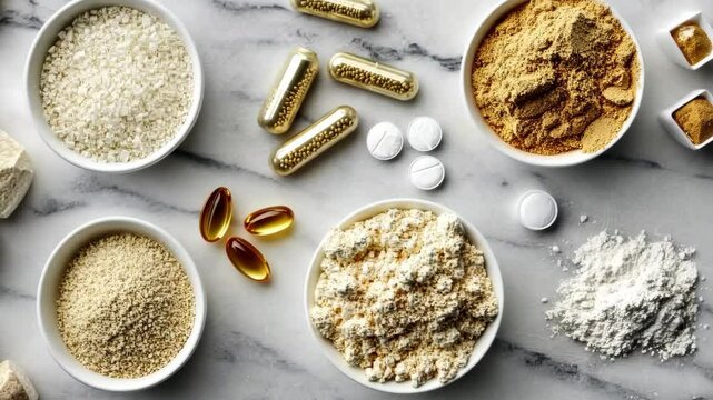 Diverse collection of natural powders and supplements arranged on a marble surface for health and wellness purposes