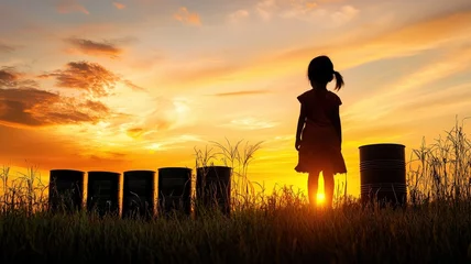 Pollution and Environmental Impact concept. Silhouette of a child against a colorful sunset backdrop.