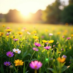 Obraz premium Soft morning light falls on a field of blooming wildflowers, soft focus, landscape