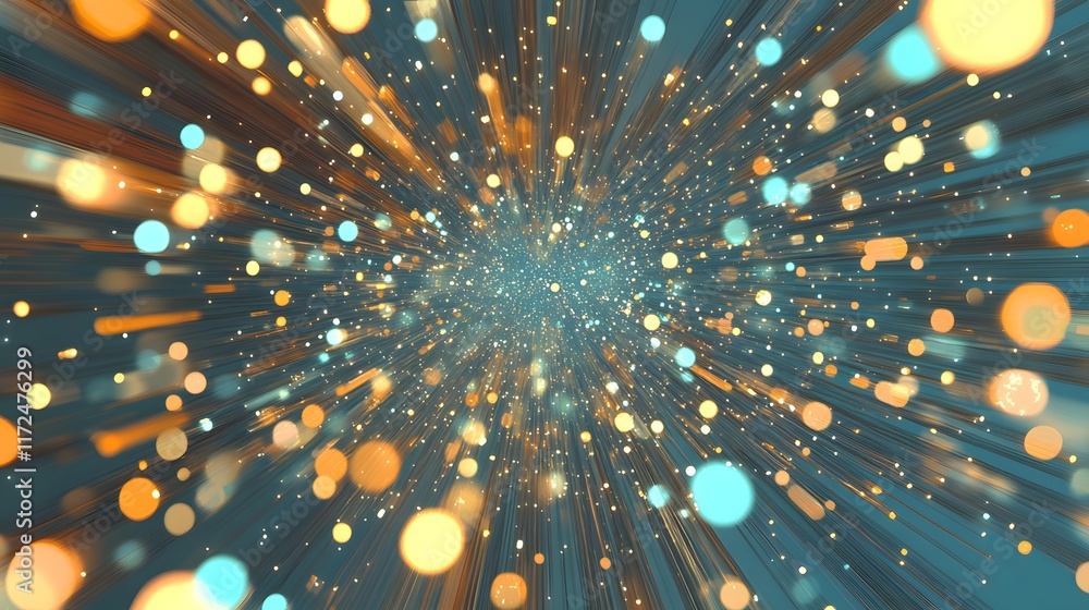 Poster dynamic burst of multicolored light particles with a deep blue background, creating a vibrant and ab