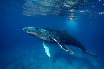 Fototapeta premium Majestic Humpback Whale Swimming Underwater in Deep Blue Ocean