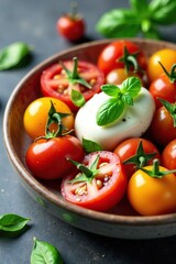 Heirloom tomato salad with burrata cheese and basil, Italian, color palette