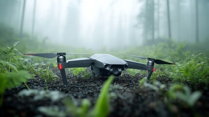 Naklejka premium A sleek black drone resting on a mossy forest floor surrounded by lush greenery and misty trees, showcasing modern technology in a natural setting.