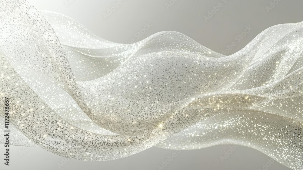 Poster glitter abstract background idea. a flowing wave of glittering fabric on a soft gray background, cre