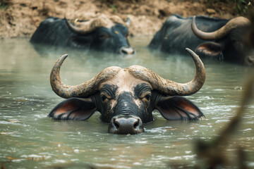 Obraz premium Water Buffalo Cooling Off in a Muddy River