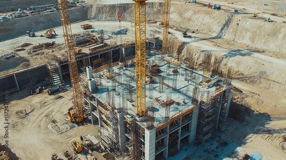 Aufkleber aerial view of construction site with multiple cranes working