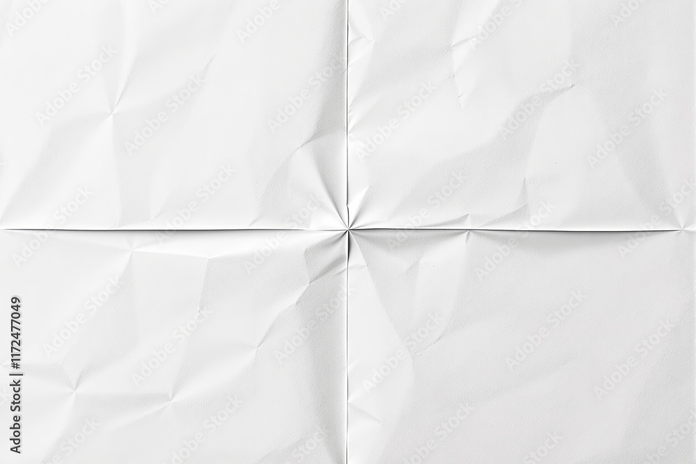 Poster white crumpled paper surface with visible folds and creases, minimalist style, on a plain white back