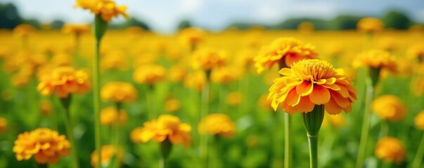 Fototapeta premium Tall stalks of bright yellow and orange marigold flowers in a field, landscape, stalk
