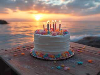 Sunset beach birthday cake with lit candles.