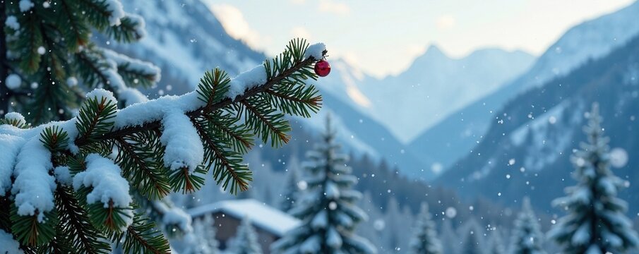 Snowflakes gently falling on a pine tree in the Khibiny Mountains, frosty weather, pine tree, winter