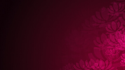 Pink lotus shapes are moving from the bottom right of a gradient grid abstract background, horizontal composition. Relaxing, yoga or zen background for graphic design.