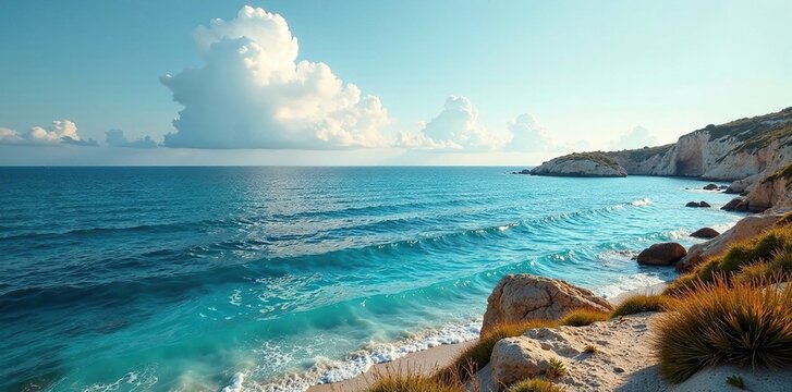 Paesaggio di mare con cielo coperto e onde alte, inverno, lizzano, puglia