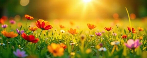 Sun-kissed wildflowers dance in a field of green, petals, green grass, sun