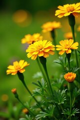 Yellow marigold flowers in a garden bed with lush green grass, garden, marigold