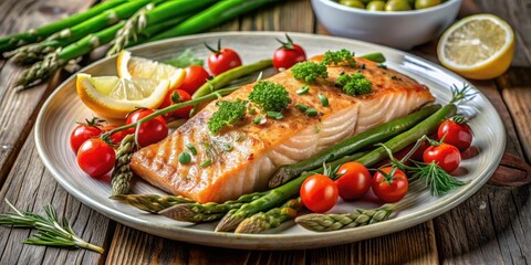 Freshly baked salmon fillet served on a plate with asparagus spears and cherry tomatoes arranged artfully, garnished with fresh herbs like parsley and dill, food, herbs