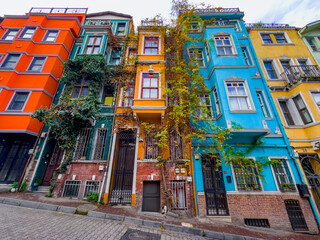 Balat district street view with colorful houses in Istanbul, Turkey.