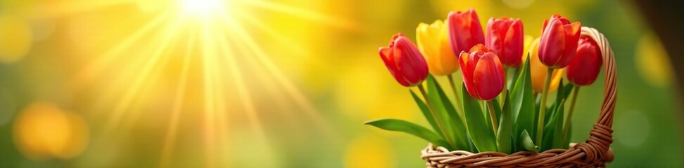 Naklejka premium Tulip stems in a woven basket against a sunny background, floral, garden decor