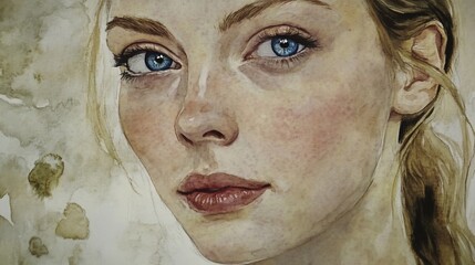 Close-up portrait of a young woman with light-blue eyes, freckles, and soft features, artistic watercolor style.