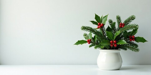 Fototapeta premium Evergreen pine branches in a white ceramic planter with holly leaves and berries, evergreen trees, planter